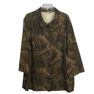 Ann Morgan Brown Cheetah Leopard Print Button Up Top Women's 2X Vintage
